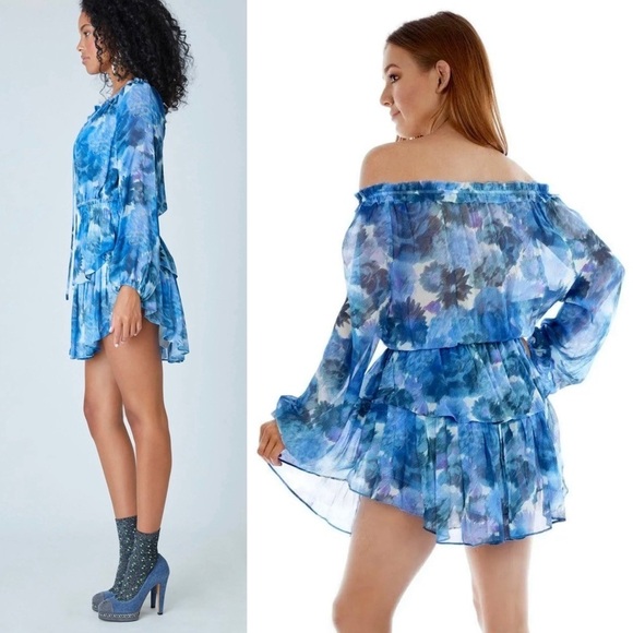 LOVESHACKFANCY Silk Floral Ruched Tie Neck Puff Long Sleeve Tier Ruffle Dress XS - Picture 6 of 10